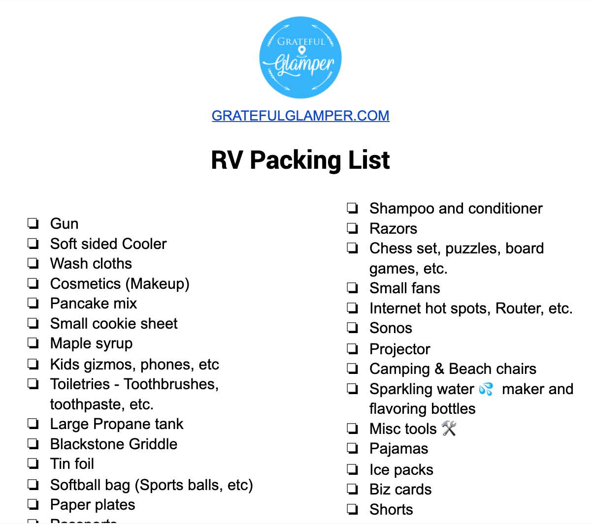 RV Packing checklist